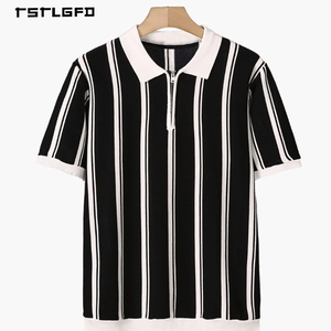 Men Vertical Striped Knit <b>Polo</b> Shirt Half <b>Zip</b> Quarter <b>Zip</b> Black White Contrast Old Money Style Summer Resort Wear <b>Polo</b> - Product Image 4