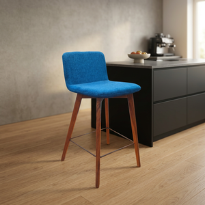 Modern Blue Rattan Bar <b>Stool</b> with Fixed Armrest <b>Wooden</b> Legs and Metal Base for Home Bar Use - Product Image 2