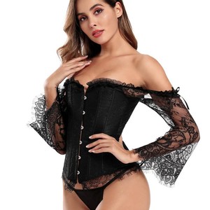 <span class=keywords><strong>Corsetto</strong></span> Gotico Vintage in Seta con Pizzo Intrecciato, Maniche Lunghe, <span class=keywords><strong>Spalle</strong></span> Scoperte, Design Overbust <span class=keywords><strong>per</strong></span> Feste, Bustier con Decorazioni Traforate - Product Image 1