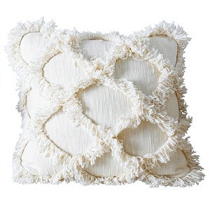 Bohemian Geometric Throw Pillow Cover with Fringe <b>Trim</b> Square Linen Cotton Decorative <b>Cushion</b> Stitched Design Washable - Product Image 1
