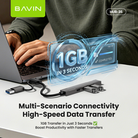 BAVIN OEM HUB-35 Hub USB 3.0 4 en 1 Double connecteur USB-A Type-C 5 Gbps Haute vitesse Station d'accueil en aluminium pour ordinateur portable iPad Téléphone