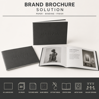 Brochure d'artiste A5 paysage, reliure filigrane, typographie minimaliste, pour guide d'ouverture de galerie d'art sur mesure