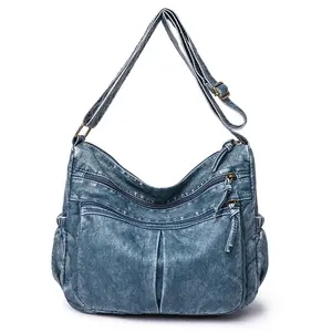 กระเป๋าคาดลำตัวผ้ายีนส์สีฟ้าสุดหรูกระเป๋าแฟชั่นแนววินเทจสำหรับผู้หญิงหมอนโพลีเอสเตอร์แบบเดี่ยว