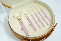 Juego de 6 Brochas de Maquillaje Profesionales de Seda de Cristal con Brocha de Abanico, Mangos de Diamantes de Imitación Rosas, Virolas de Cobre, Estuche Redondo de Viaje, OEM/ODM