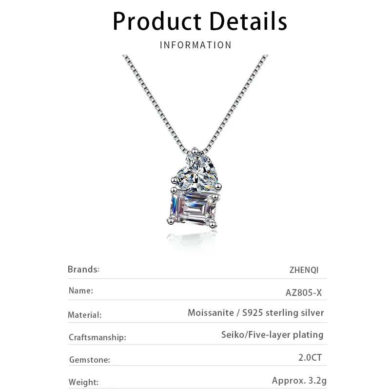 2023 popolare gioielleria raffinata S925 collana in argento sterling ciondolo da sposa a forma di cuore taglio smeraldo 2CT catena di diamanti moissanite