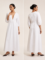 Vestido Midi Blanco con Cuello en V Profundo, Mangas 3/4 Abullonadas y Cintura Ajustable con Cordón, Nueva Colección Verano 2026, Gran Venta en EE. UU. y Australia