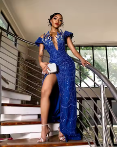 navy blue rhinestone dress Navy Blue Satin Mermaid V Neck Rhinestone Prom Dresses, Evening Dress, MP943 main image 0