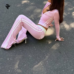 Set 2 Pezzi con Felpa Corta con Zip <span class=keywords><strong>e</strong></span> Logo, Pantaloni a Zampa Vita Alta, Tuta Sexy Y2K Streetwear, Abbigliamento Sportivo per <span class=keywords><strong>Donna</strong></span> - Product Image 5