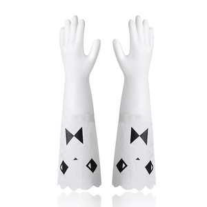 Gants longs en PVC blancs de 46 cm, épais et imperméables, avec motif noir, pour les tâches ménagères et la vaisselle - Product Image 1