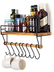 Solución de almacenamiento para baño y cocina, estante flotante de madera rústica con 8 ganchos, toallero extraíble montado en la pared, popular y asequible - Product Image 6