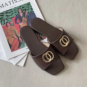 Designer Style Summer Women's Square Toe for Metal Double Buckle Strap <b>Slides</b> Casual Versatile Flat Beach Fashion Trend - Product Image 6