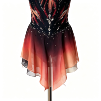Costume de patinage artistique en spandex/nylon avec strass dégradé noir et rouge, manches longues, dos en V profond, robe de performance sur glace pour filles et enfants