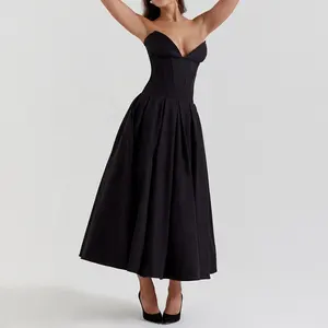 Robe mi-longue sans bretelles noire élégante fête moderne essentiel célébrité inspirée conception avant-gardiste robes personnalisées