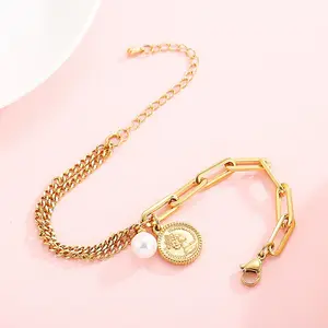 18-Karat Gold Over Stainless Steel Love Coin Pearl Man Girl Hand Catenary Couple Chain Bracelets