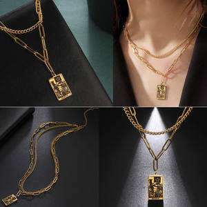 Mode vergoldet Doppel kette Rechteck Edelstahl Glück benutzer definierte <span class=keywords><strong>Tarot</strong></span> karte Anhänger Halskette - Product Image 2