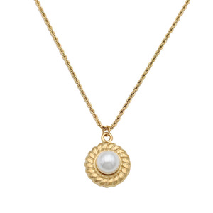 French Retro Style Pearl Pendant Clavicle Chain Gold Stainless Steel Bezel Setting Flower Shape Necklace For Women - Product Image 5