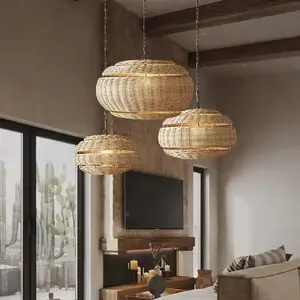 Abajur pendurado para sala de estar estilo japonês, luminária de vime com pingente, lâmpadas de vime tecidas à mão, lustre de bambu antigo redondo