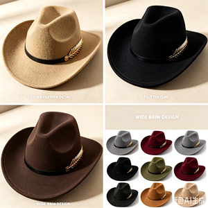 <span class=keywords><strong>Sombrero</strong></span> de Vaquera Clásico Negro de Fieltro Personalizado al por Mayor para <span class=keywords><strong>Mujer</strong></span>, <span class=keywords><strong>Sombrero</strong></span> Fedora Occidental Premium con Pluma Dorada Metálica y Ala Ancha para Fiesta - Product Image 3