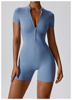 Vente en gros Vêtements de sport Barboteuse de yoga une pièce avec fermeture éclair Short de fitness à manches courtes Combinaison pour femmes