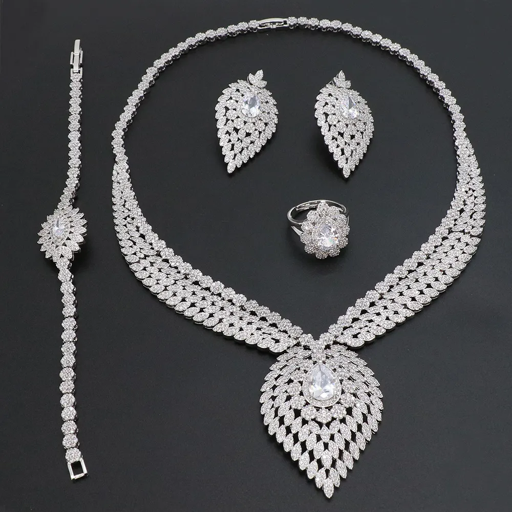 Wanita Mewah 4 Buah CZ Zircon Dubai Aksesori Pengantin Set Perhiasan Pernikahan Set Kalung Indah India Perhiasan Wanita