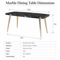 Table à manger rectangulaire aspect marbre noir avec pieds coniques dorés pour hôtel, villa, appartement