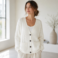 Cardigan surdimensionné personnalisé pour femme, col en V, tricot torsadé, boutons, poches plaquées, manches longues, vente en gros OEM, marque privée, commande en gros