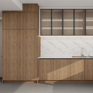Meuble de cuisine modulaire en placage de noyer massif de style moderne avec portes à panneaux plats, évier et robinet, charnières pour personnalisation complète de la maison - Product Image 6