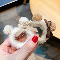 Femmes Enfants Petite Fille Pastel Cute Soft Scrunchies Faux Mink Fur Elastic Seamless Band Bear Dog Hair Balls Pom Pom Hair Ties