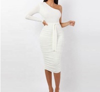 Vente chaude Mode Élégant Blanc À Manches Longues Femmes Club Robes D'été Une Épaule Midi Discothèque Robes Femmes Sexy Club