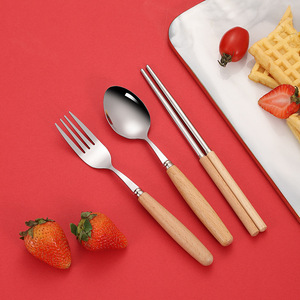 Thép không gỉ tiện lợi ba mảnh trẻ em súp Đũa Muỗng Nĩa sinh viên món quà tinh khiết tay cầm bằng gỗ bộ đồ ăn - Product Image 2