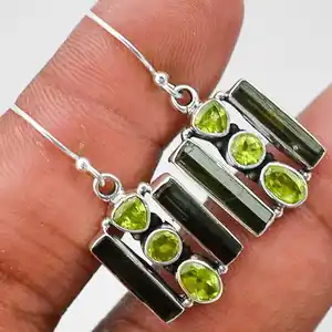 Green Tourmaline Rough & Peridot 925 Sterling Silver Earrings Jewelry SDE10770 E-1084 Gorgeous Earring Gemstone Hook Earring