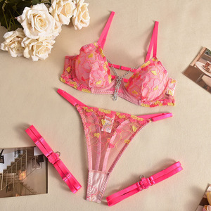 Women's Sexy Lingerie Seductive Mesh <b>Perspective</b> Embroidery Heavy Industry Three Piece Lingerie Set for Women's Clothing - Product Image 1