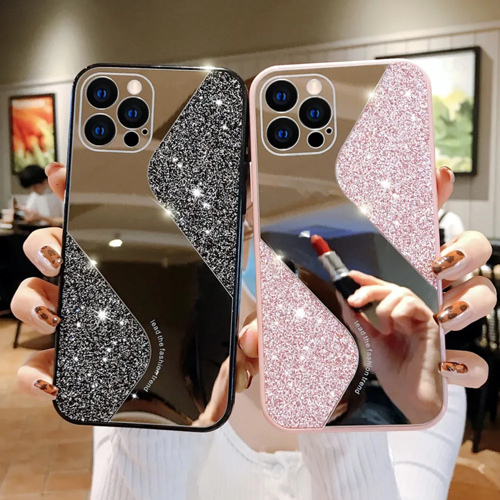 Luxury OEM Bling Glitter TPU Mobile Phone Case Back Cover With Mirror View For iPhone 6 7 8 X XS 11 12 13 Pro Max