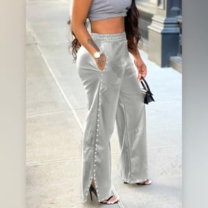 Pantaloni Larghi Casual da Donna Autunno/Inverno in <span class=keywords><strong>Pelle</strong></span> PU con Tasche e Strass, Tinta Unita, Stile Sehe Fashion - Product Image 3