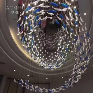 Okyanus tema balık el üflemeli cam avize tavan monte lamba ev Villa merdiven dekorasyon avize