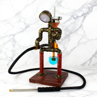 Chicha Rechargeable avec Base en Bois Lumineuse LED, Design Astronaute Steampunk, Tuyau en Verre et Métal