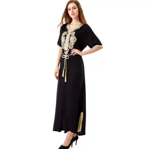 Embroider Short Sleeve Kaftan Abaya Middble East Ramadan Robe Rrab Saudi Dubai Women's Dress