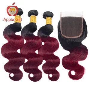 1B/99j Human Hair Bundles With Closure 4x4 Burgundy Red Color Brazilian Body Wave Human Hair Weave Bundles With Lace Closure