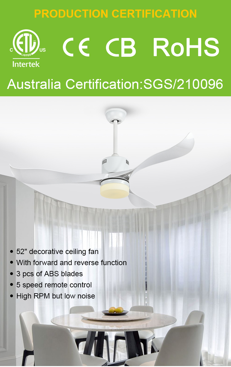 Breezelux 52 inch 3 ABS blades modern style hotel ceiling fan Chandeliers made in china