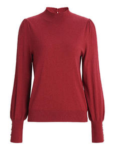 قطن الكشمير الحملان الصوف المخلوط سلحفاة الرقبة محبوك أزرار البلوز الديكور المرأة تريك سترة نفخة الأكمام البلوز - Product Image 4