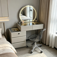 En gros Coiffeuse de chambre contemporaine avec miroir rond à éclairage LED, meuble de rangement multi-tiroirs, chaise de maquillage à roulettes transparentes