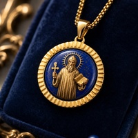Pendentif Collier Artisanal Saint Benoît Peint à la Main sur Pierre Lapis Lazuli, Article Religieux avec Image de Saint Catholique, Breloque Personnalisée