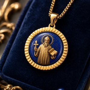Collar con Colgante de <span class=keywords><strong>San</strong></span> Benito Pintado <span class=keywords><strong>a</strong></span> Mano en Piedra de Lapislázuli, Artículo Religioso con Imagen de Santo Católico, Amuleto Personalizado - Product Image 1
