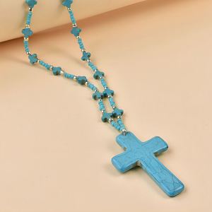 Bijoux religieux, collier avec pendentif croix bohème pour femmes, avec perles turquoise, pour un usage quotidien dans les activités religieuses chrétiennes - Product Image 2