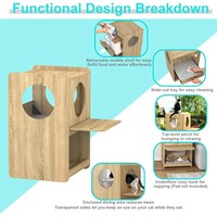 Venta al por mayor de fábrica: Casa de madera para gatos con ventana, comedero y compartimento de almacenamiento, doble orificio, mueble tipo condominio para gatos de interior, OEM
