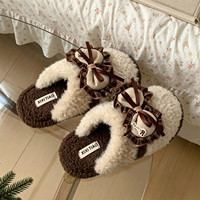 XIXITIAO Pantoufles d'hiver douces en peluche avec nœud, style rétro, pour couple, antidérapantes, chaudes et moelleuses, pour hommes et femmes, usage intérieur