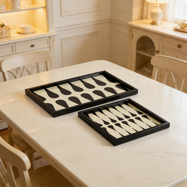 2-Piece Black Frame Decorative Tray Set Wooden Metal Abstract Pattern Serving Tray for Premium Hotel Home Decor Tray