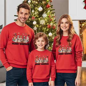 เสื้อสเวตเชิ้ตคริสต์มาสลายการ์ตูนสีแดงสำหรับครอบครัว ลายพิมพ์ Merry Woof-mas คอกลม ถักนิตติ้ง เสื้อกันหนาวสำหรับผู้หญิง ผู้ชาย และเด็ก - Product Image 2