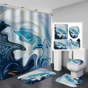Kết cấu sang trọng trừu tượng vàng đại dương đá cẩm thạch màu xanh hải quân Bạc tắm Rèm mực nghệ thuật phòng tắm bộ với thảm