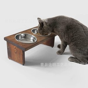 Comedero para mascotas de madera maciza, soporte elevado para tazón doble para gatos - Product Image 4